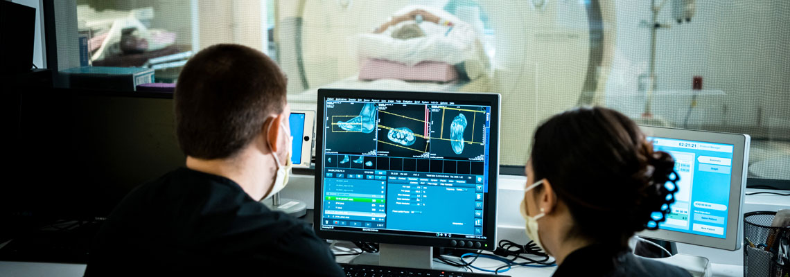 two physicians looking at screens