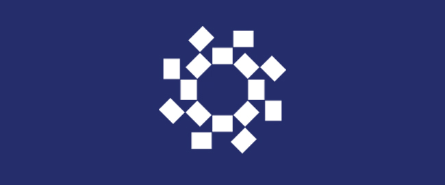 White Pinwheel logo made up of boxes on a dark blue background