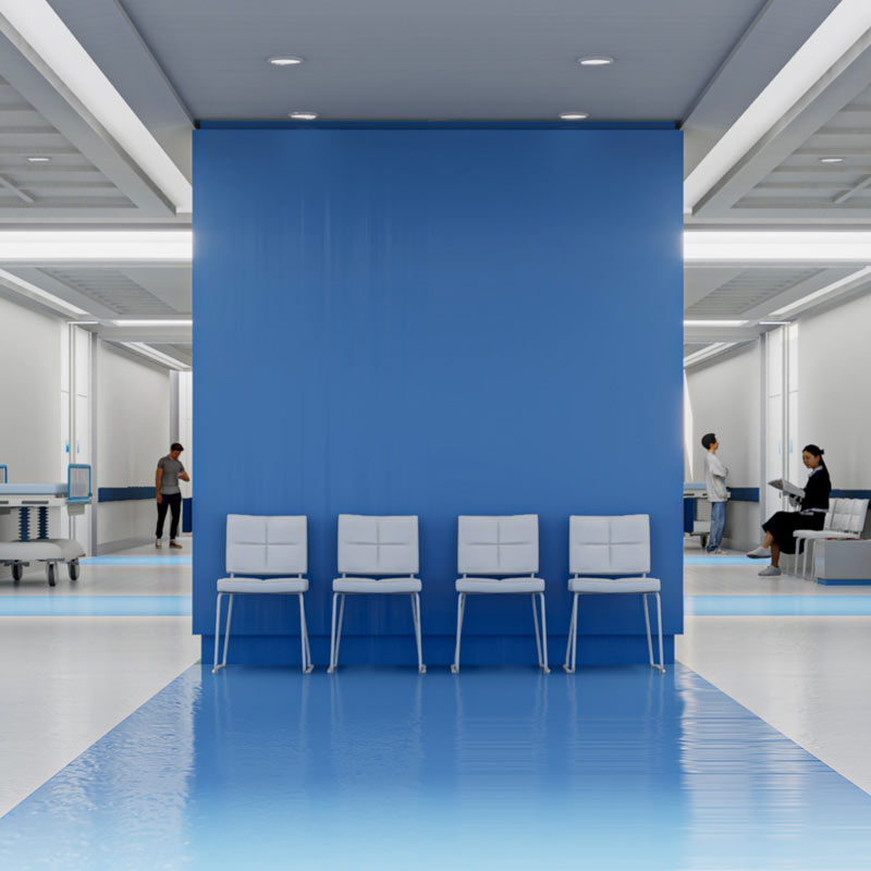 Modern NJ hospital waiting area with blue accents and seating