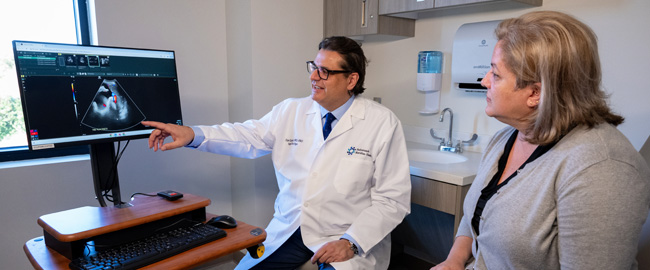 doctor pointing to computer screen with woman