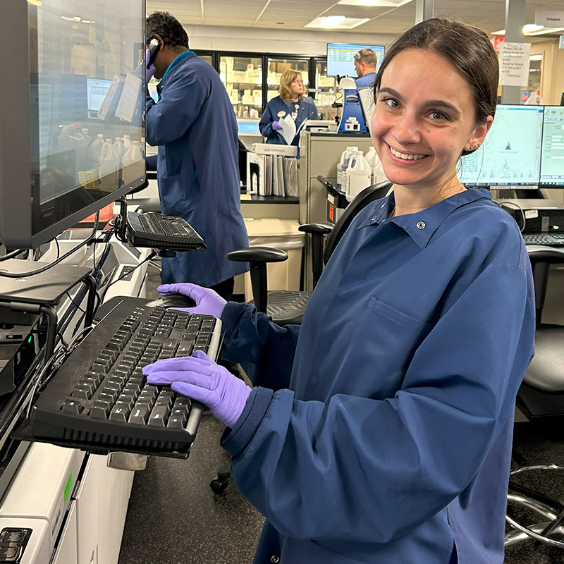 A student at Florence M. Cook School of Medical Laboratory Science inputting information on computer.