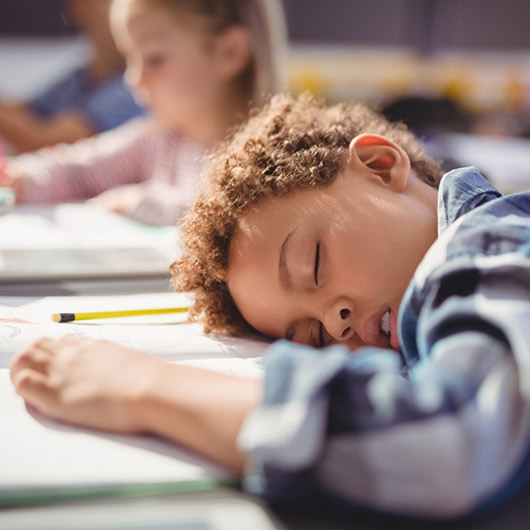 Young boy sleeping at his desk