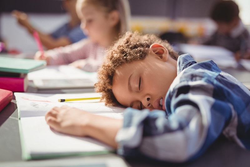 Young boy sleeping at his desk