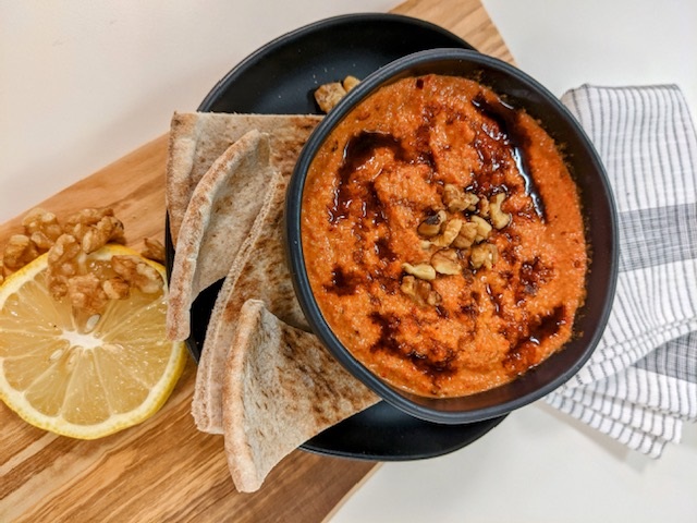 Muhammara dip with pita bread