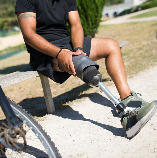 Man experiencing phantom limb pain in his amputated leg. 