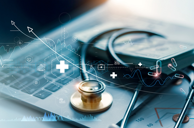 Conceptual design with stethoscope and graphs to represent a clinical diagnosis of a disease.