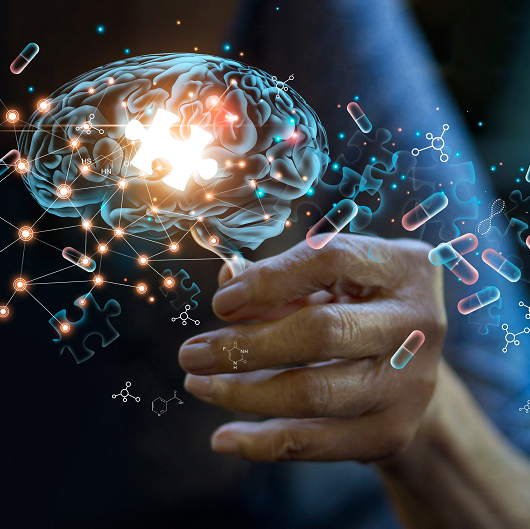 Parkinson's disease concept photo - a hand reaching out to represent a tremor, with a brain and medical symbols floating around.