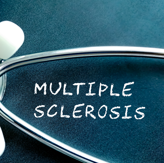Multiple Sclerosis written on a chalk board with a stethoscope next to it, symbolizing diagnosis