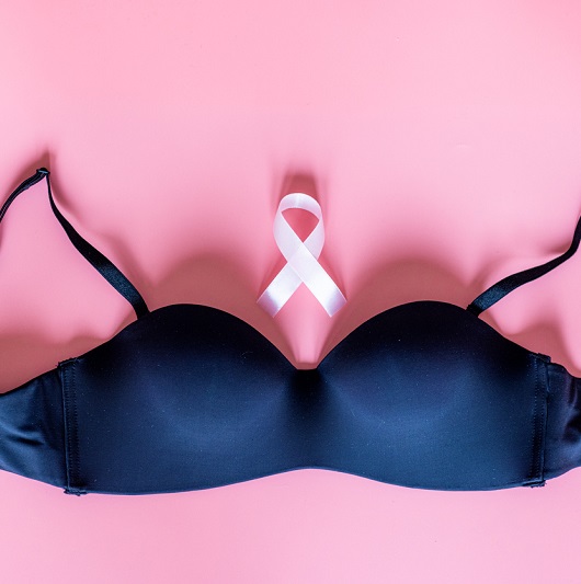 Flat lay top view of black female underwear with pink ribbon - symbol of breast cancer awareness