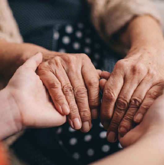 A close up of hands; a family member holding hands with an older family member for support.