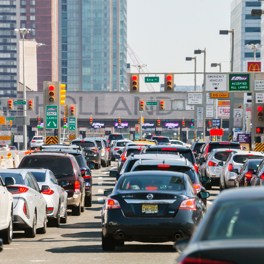 Heavy traffic heading into the Holland Tunnel.