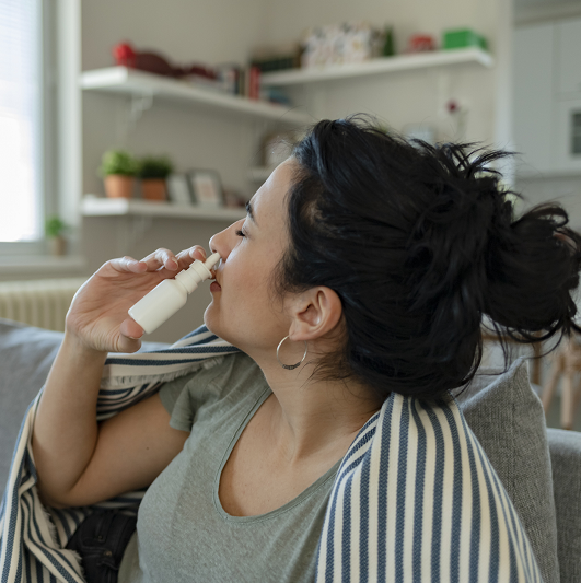 Woman using a nasal spray on the couch, suffering from a migraine.