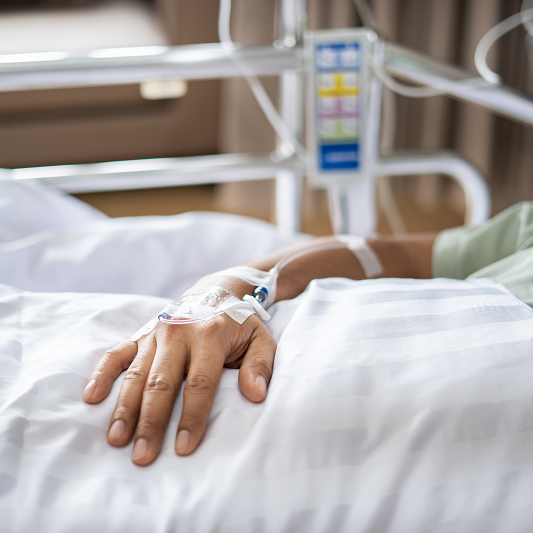 A close-up of a patient's hand with an IV, while in a hospital bed.