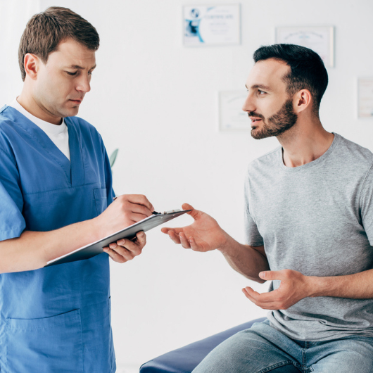 A 30-something year-old man speaks with his doctor about a vasectomy.