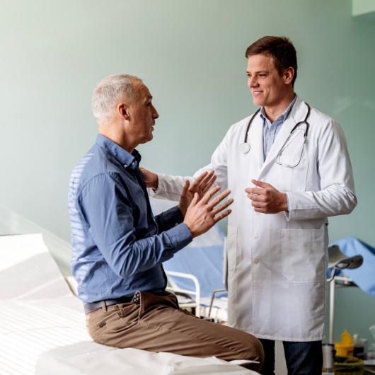 A male doctor stands and listens to his male patient talk.
