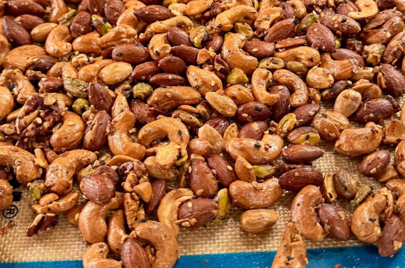 Top-down view of flavorful and crunchy everything spiced bagel nuts.