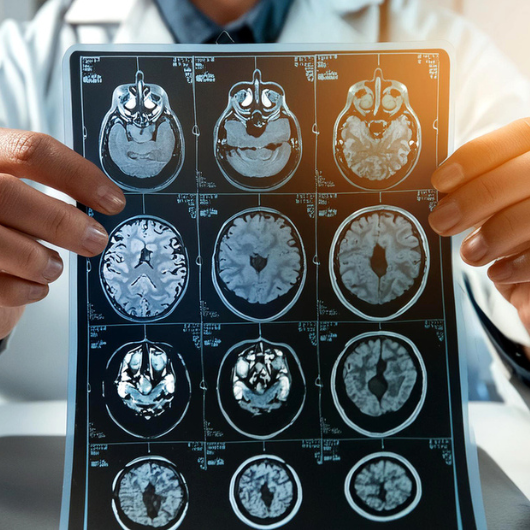 A doctor shows an MRI brain scan of the head and skull.
