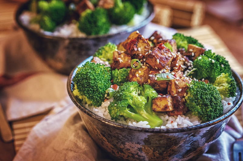 A bowl of broccoli tofu stir fry.