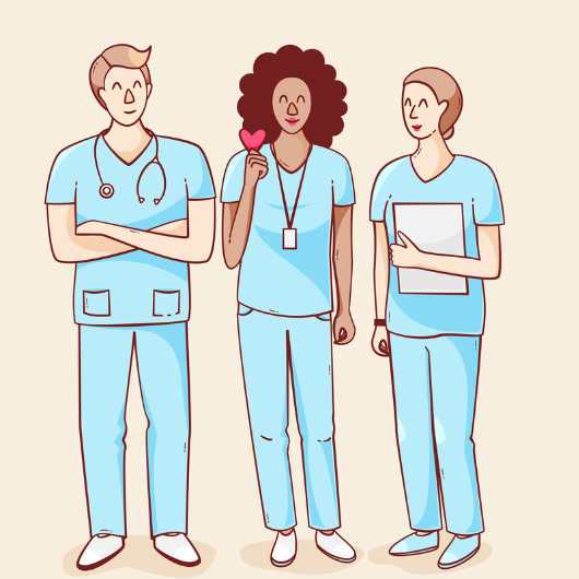 Image shows an illustration of three nurses standing together. One is holding a heart, one is holding paper and the other has a stethoscope around his neck.