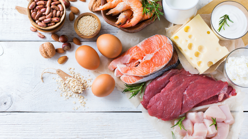 Assortment of healthy protein sources and body building foods.