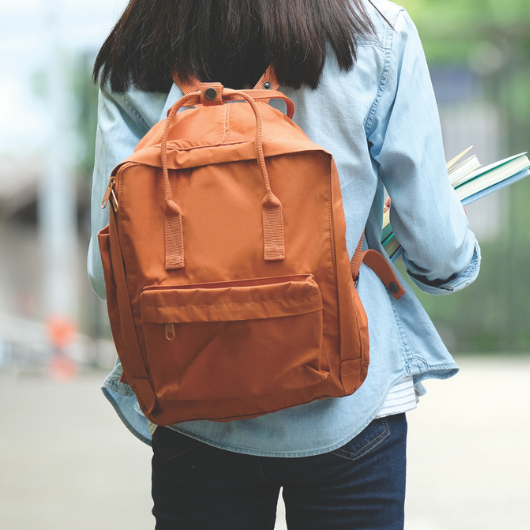 Student walking carrying notebooks and wearing backpack