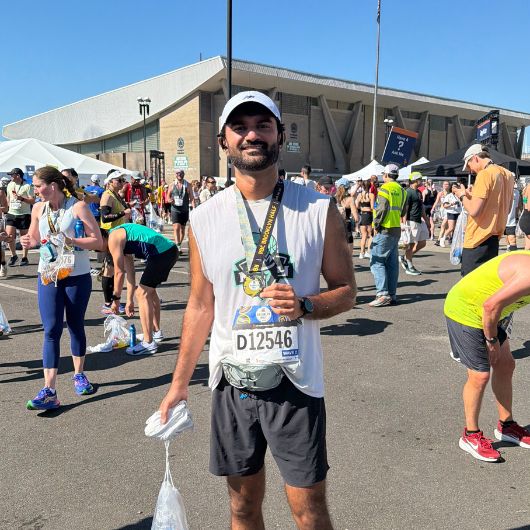 Raj Panchal, D.O., smiles after running in a race.