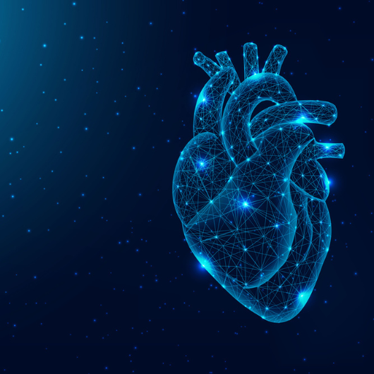 Futuristic digital human heart in space.