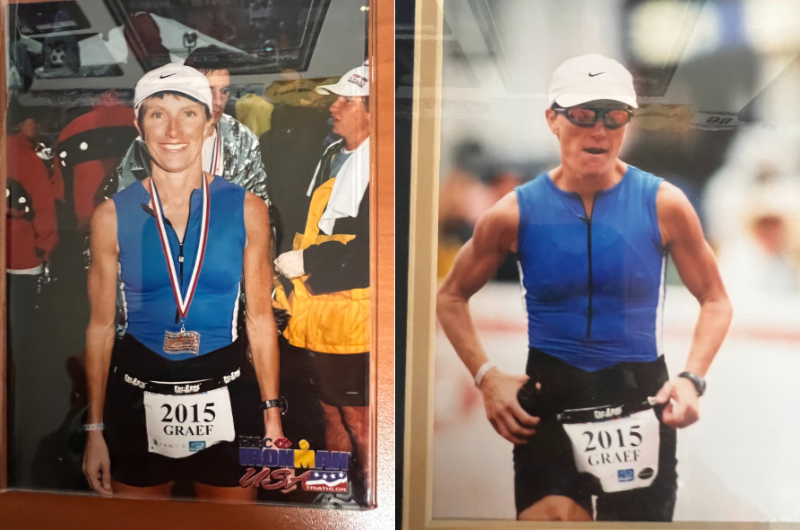 Side-by-side photos of Kathy Graef, an elite ironman and marathon runner.