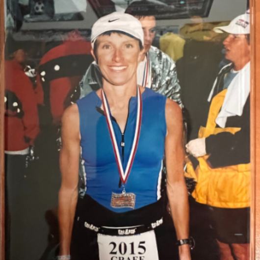 Side-by-side photos of Kathy Graef, an elite ironman and marathon runner.