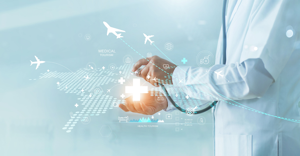 Photo of doctor with maps and planes graphic