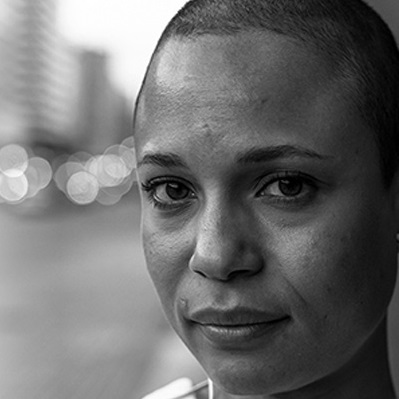 Close up of a persons face in black and white