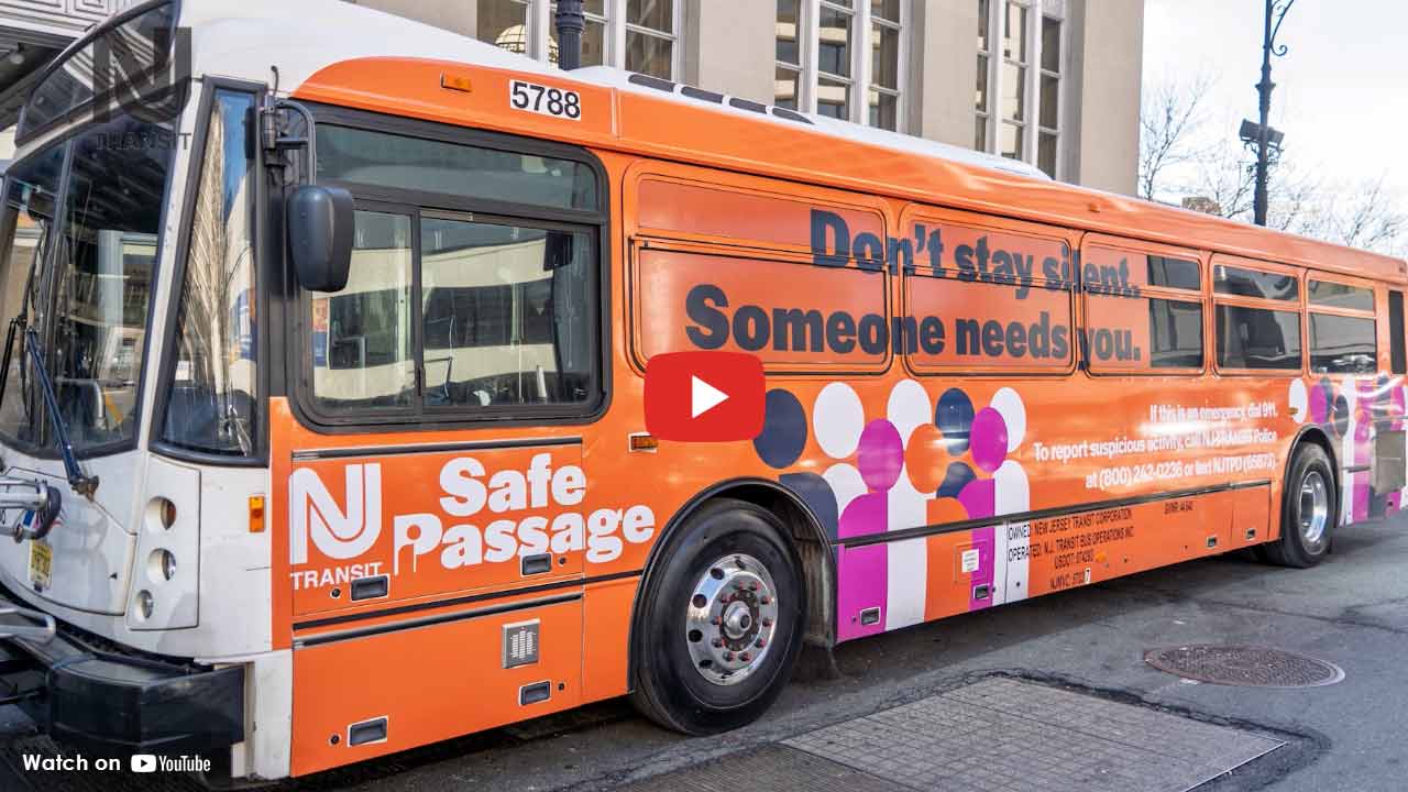 NJ Transit bus with Safe Passage message promoting human trafficking awareness