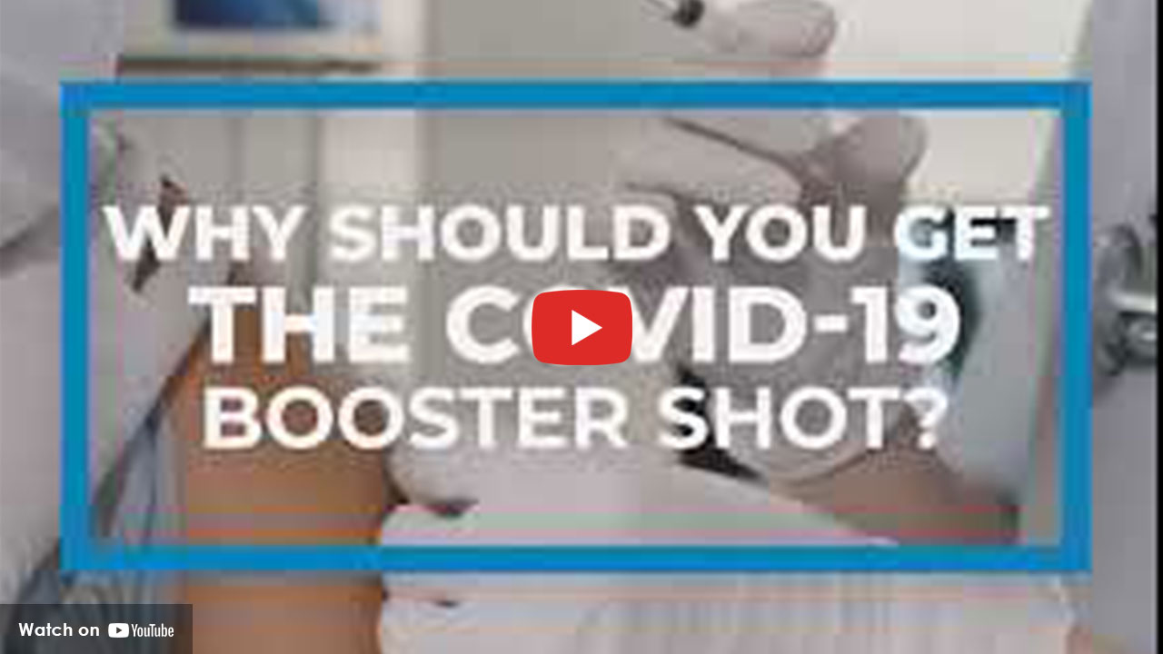 Healthcare worker giving COVID-19 booster shot with text overlay