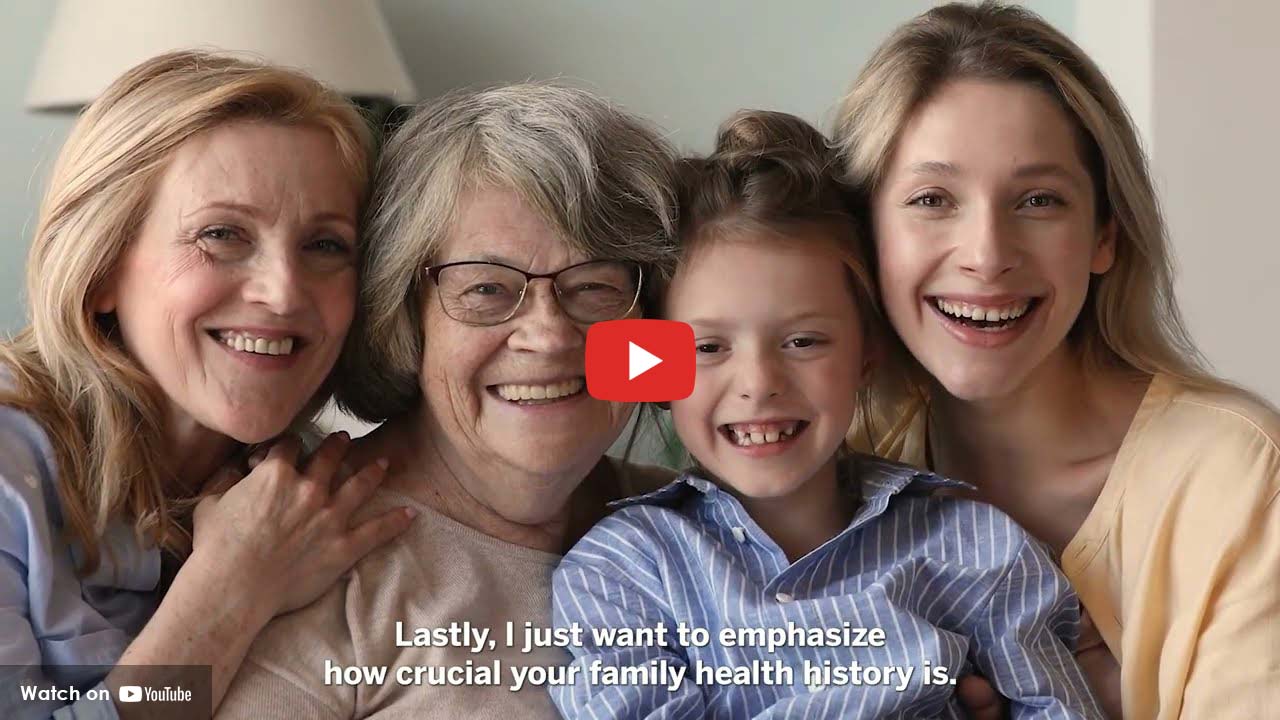 Four generations of women smiling together, representing family health history