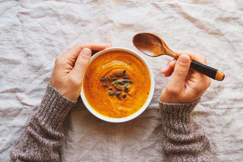 Pumpkin soup in a bowl.
