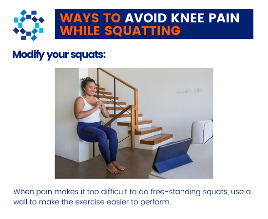 Infographic on ways to avoid knee pain while squatting
