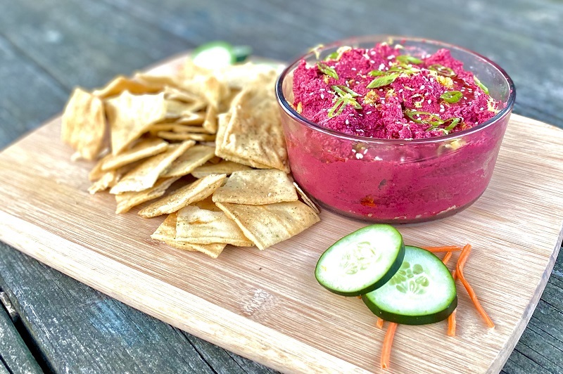 Pink colored beet hummus for breast cancer awareness month