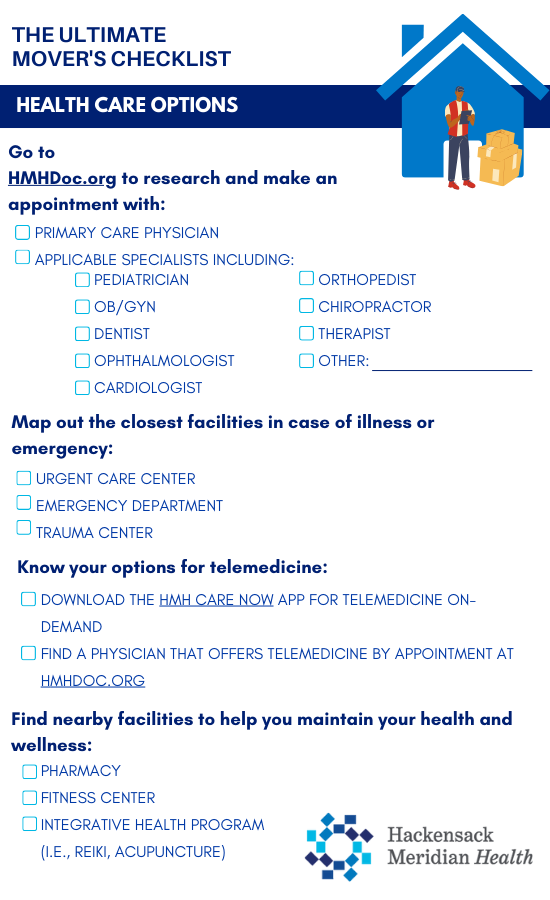 A checklist to use after moving, identifying all the doctors and specialists you may need.