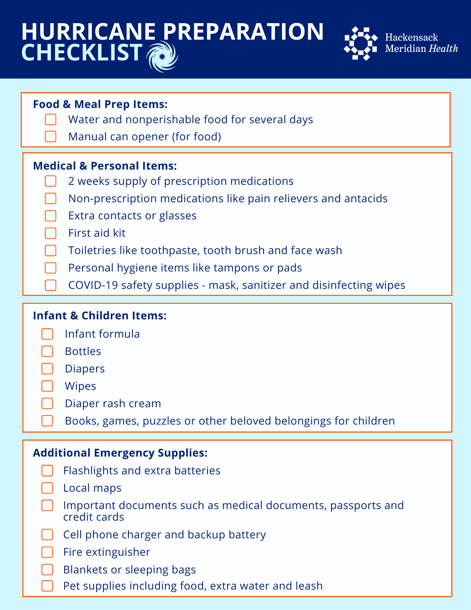 Hurricane Preparation Checklist, including food items, medical & personal items, infant & children items, and additional emergency supplies.
