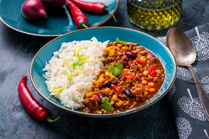 Stewed red kidney beans and rice in a bowl. 