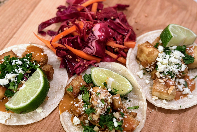 Crispy Tofu Tacos with Fermented Peanut Chile Sauce and Pickled Slaw