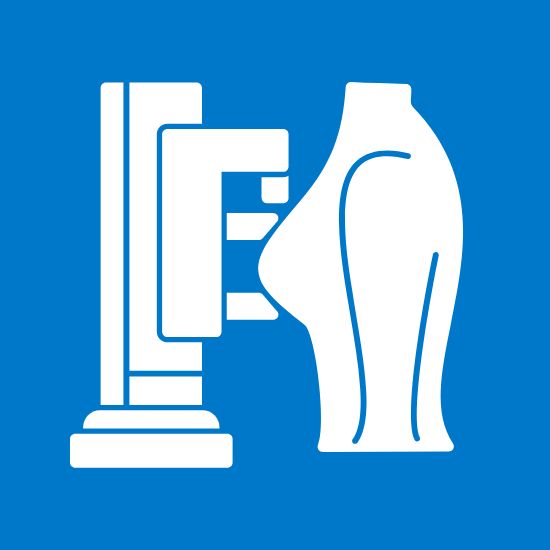 Blue and white vector graphic representing a woman's breast being scanned for a mammography.