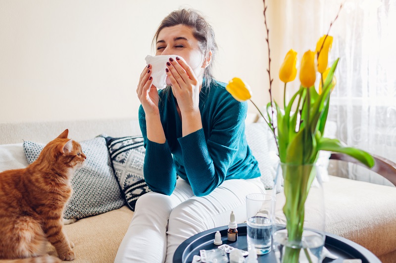 Young woman sneezing into a tissue in her living room from spring allergies