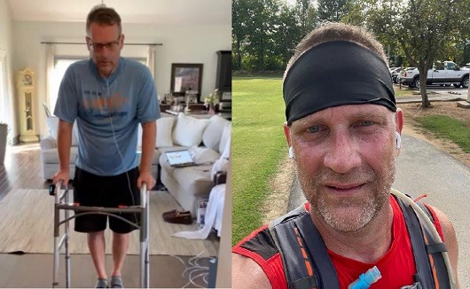 A side by side shot of Gerald in recovery, and then him on a run. The photo on the left shows him using a walker to relearn how to walk. The photo on the right shows Gerald taking a selfie photo on a run. 