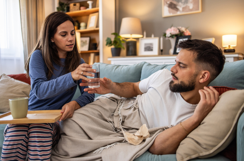 A caring wife taking care of her husband who is resting on the couch.