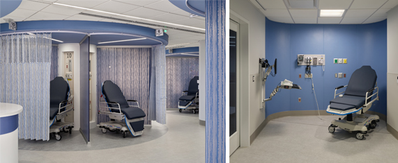 Emergency department treatment pods with recliners and privacy curtains inside