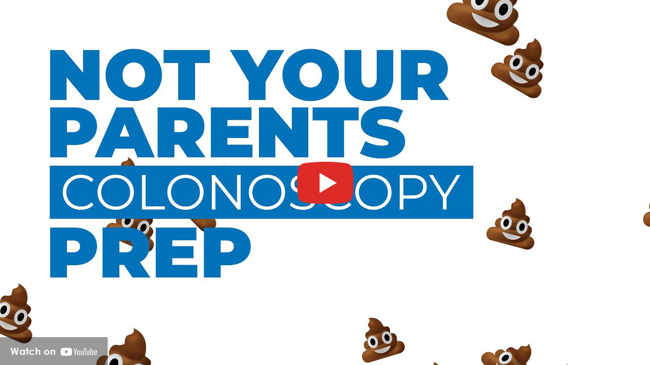 Colonoscopy graphic with smiling cartoon poop emojis.