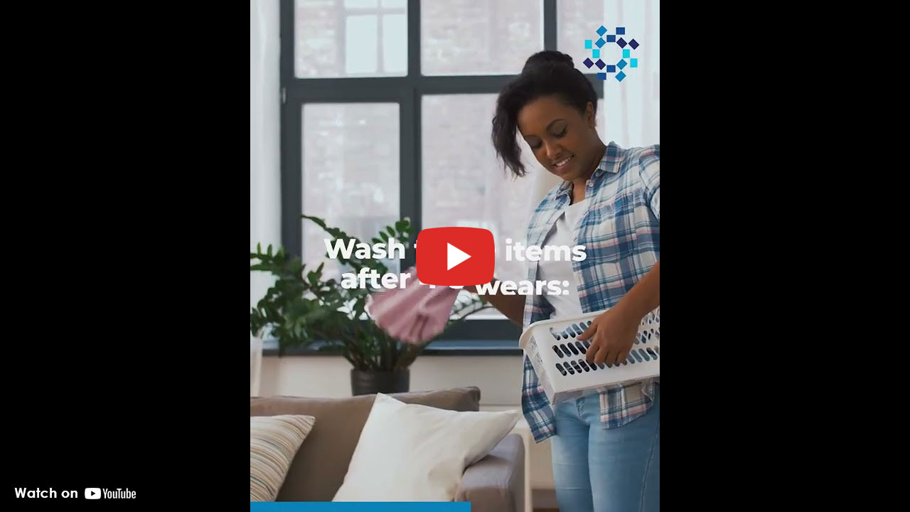 Woman holding laundry basket with text about washing clothes